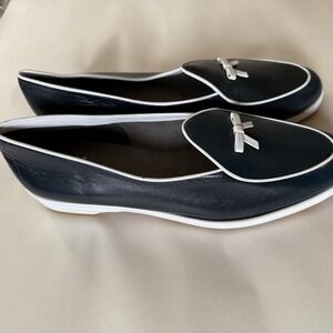 Stuart Weitzman Women Leather Loafers Flats Bow Detail Navy Blue White‎ Trim 10